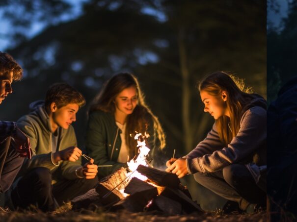 Youth sitting around a campfire at Sunrock High Adventure Base